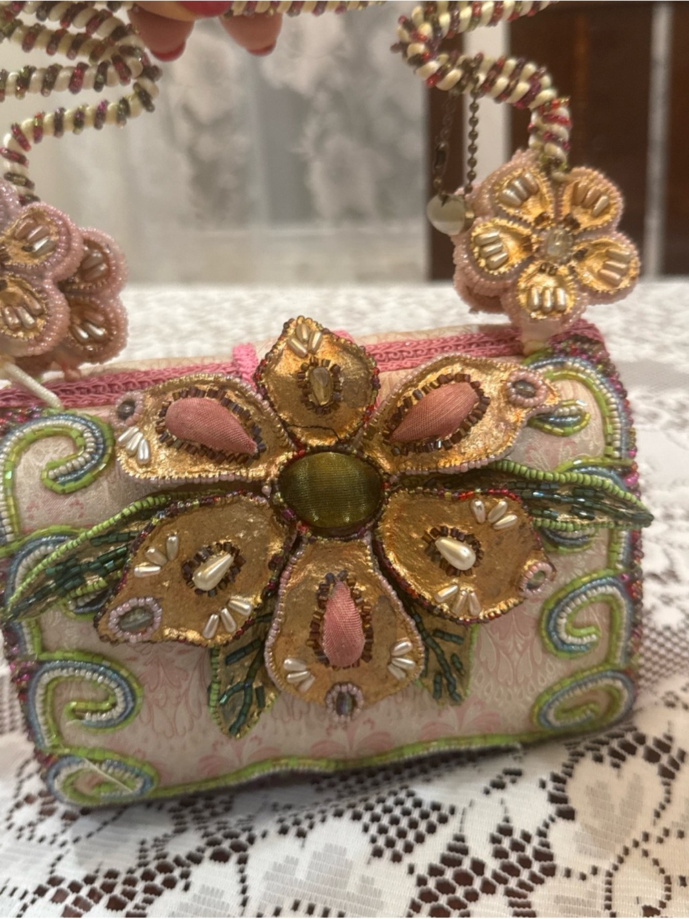 Vintage Mary Frances Pink Beige Flower bag Purse Handbag